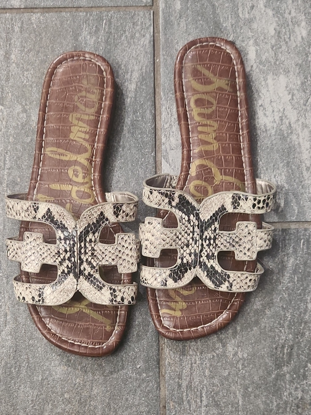 Sam Edelman Beige and Brown Snakeskin-Pattern Slide Sandals
